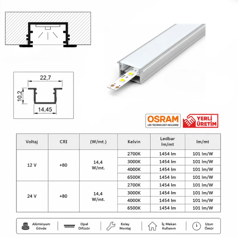 Mutfak Dolabı ve Tezgah Altı Gömme LED Armatür 24V