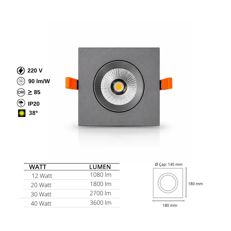 Gri Kare Sıva Altı Spot Armatür 12W-20W-30W-40W