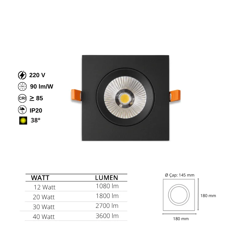 Siyah Kare Sıva Altı Spot Armatür 12W-20W-30W-40W