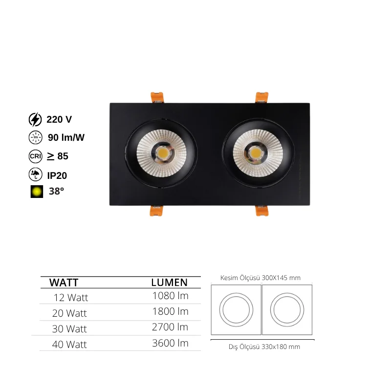 Siyah Kare İkili Sıva Altı Spot Armatür 2X12W-2X20W-2X30W-2X40W