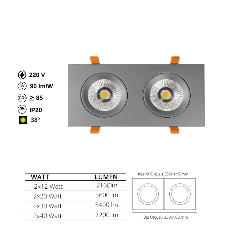 Gri Kare İkili Sıva Altı Spot Armatür 2X12W-2X20W-2X30W-2X40W