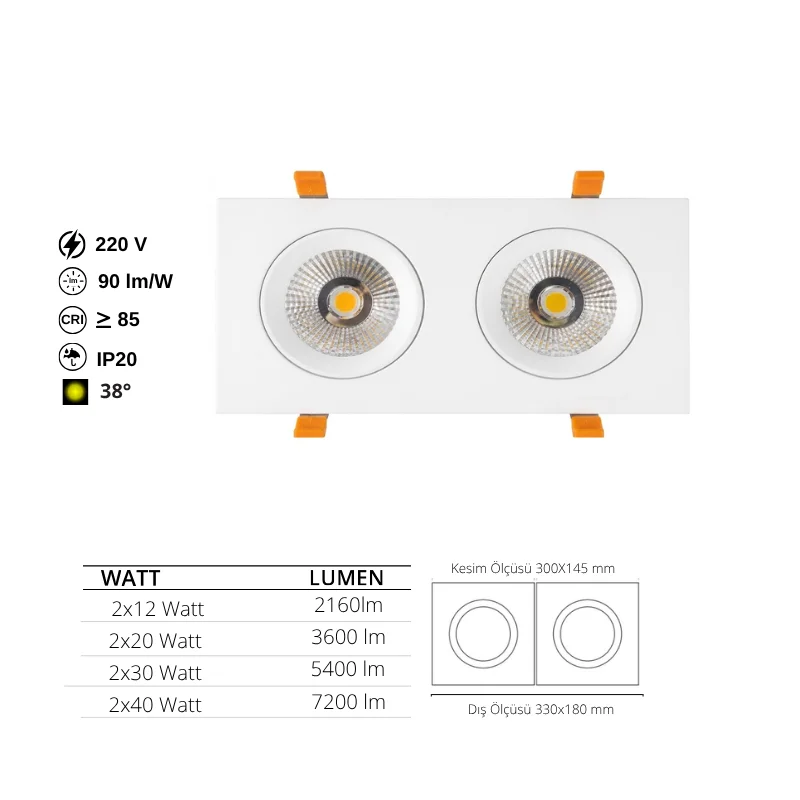 Beyaz Kare İkili Sıva Altı Spot Armatür 2X12W-2X20W-2X30W-2X40W